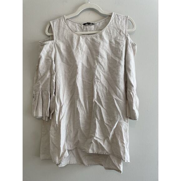 John Mark Size L Beige 100% Linen Cold Shoulder Top Blouse 3/4 Sleeve - Picture 1 of 6